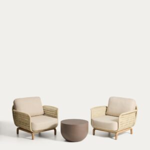 Set de 2 butacas Alipa de madera maciza de acacia FSC 100% y cuerda crudo y mesa de centro