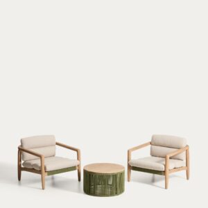 Set 2 butacas Menfi de madera maciza de acacia y cuerda verde y mesa de centro Dandara de