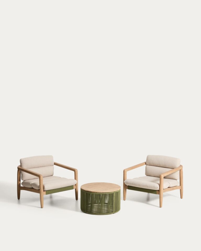 Set 2 butacas Menfi de madera maciza de acacia y cuerda verde y mesa de centro Dandara de