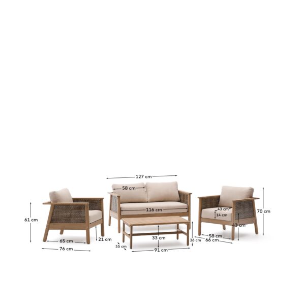 Set Alabe de sofá de 2 plazas, 2 sillones y mesa de centro de madera de acacia FSC 100%