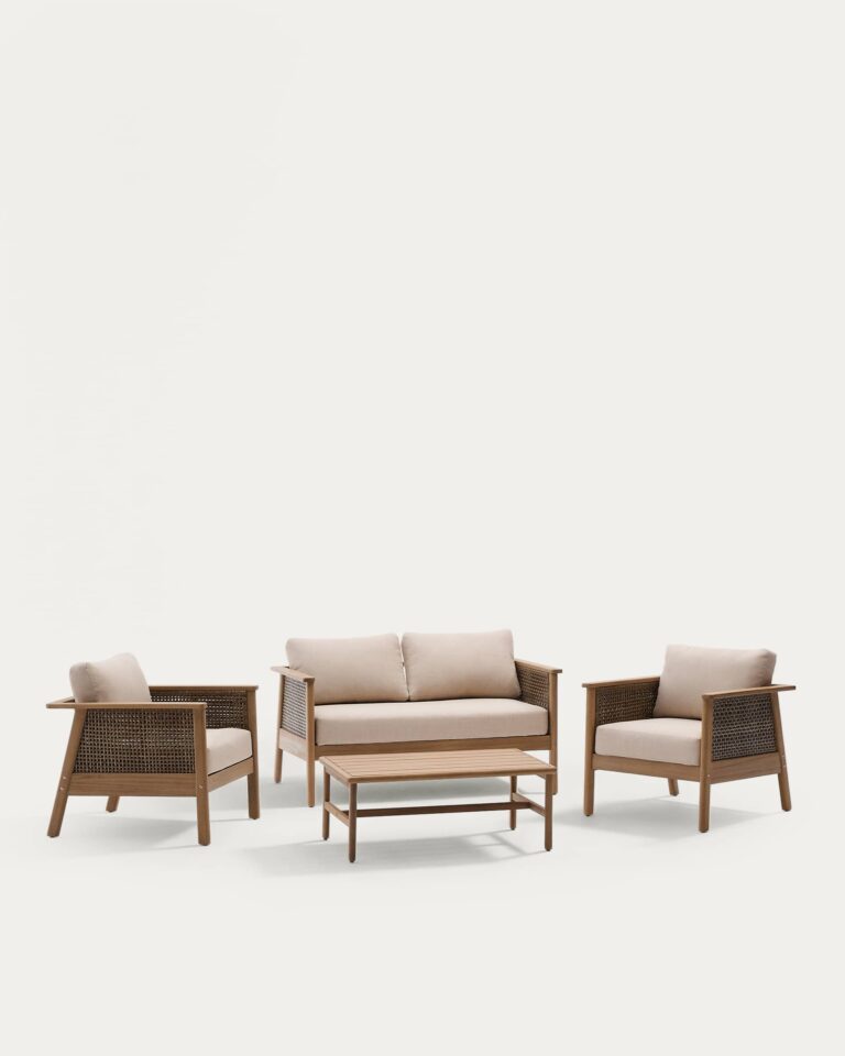 Set Alabe de sofá de 2 plazas, 2 sillones y mesa de centro de madera de acacia FSC 100%