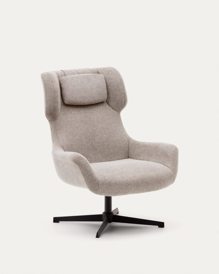 Butaca giratoria con brazos Zalina de chenilla beige y acero con acabado negro FSC 100%