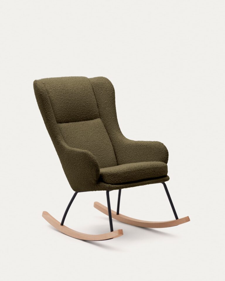 Mecedora Maustin de borreguito verde oscuro y estructura de acero negro y madera de haya