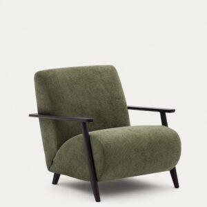 Butaca Meghan de chenilla verde y madera maciza de fresno con acabado wengué FSC Mix Credi