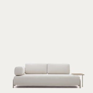Sofá Compo 3 plazas chenilla beige, bandeja grande chapa roble y estructura metal beige 23