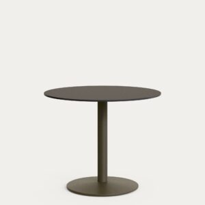 Mesa redonda de exterior Esilda con sobre de HPL negro Ø90cm y pie de acero verde Ø55x72cm