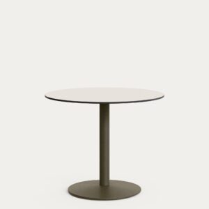 Mesa redonda de exterior Esilda con sobre de HPL blanco Ø90cm y pie de acero verde Ø55x72c