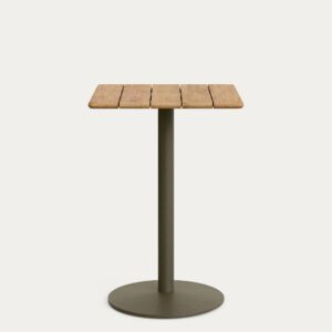 Mesa alta de exterior Esilda con sobre de acacia FSC 100% 70x70cm y pie de acero verde Ø55