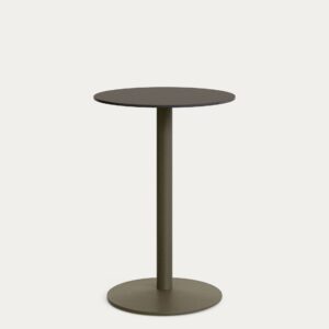 Mesa redonda alta Esilda con sobre de HPL negro Ø70cm y pie de acero verde Ø55x96cm