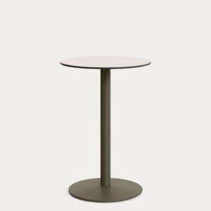 Mesa redonda alta Esilda con sobre de HPL blanco Ø70cm y pie de acero verde Ø55x96cm