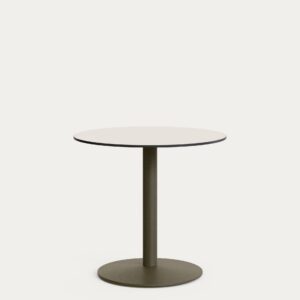 Mesa redonda de exterior Esilda con sobre de HPL blanco Ø80cm y pie de acero verde Ø55x72c