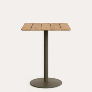 Mesa alta de exterior Esilda con sobre de acacia FSC 100% 80x80cm y pie de acero verde Ø55