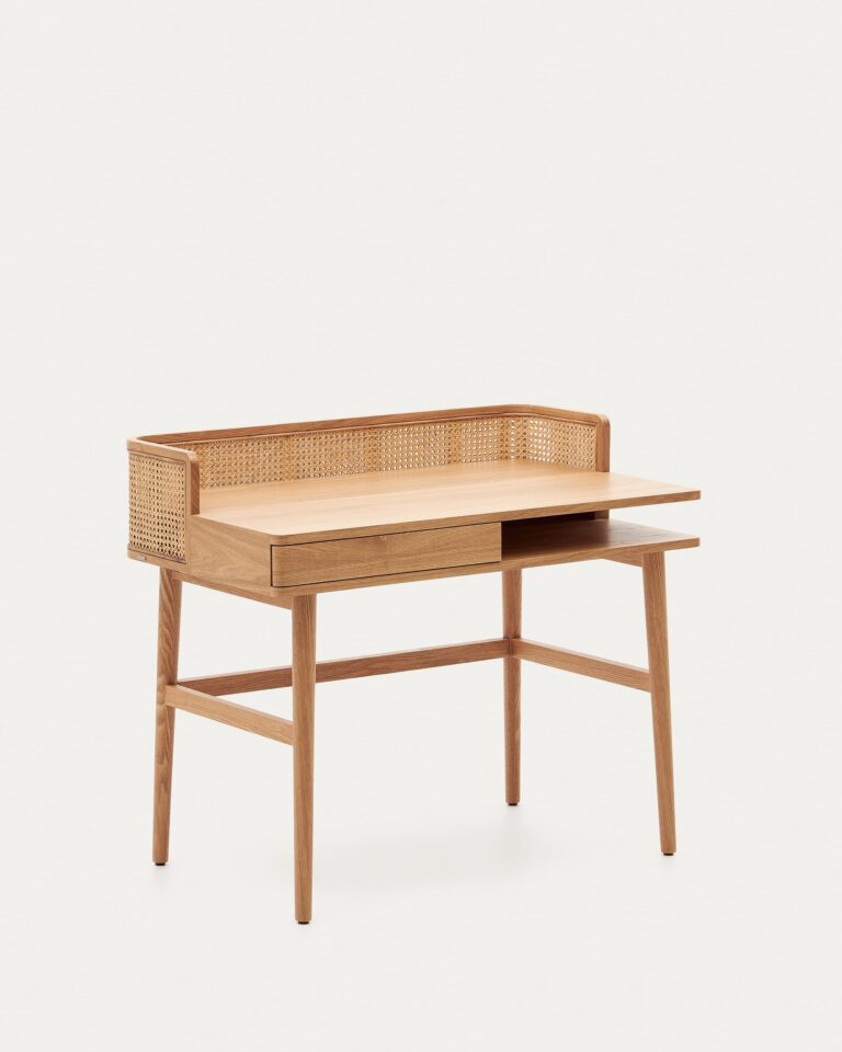 Mesa Araxi de chapa, madera maciza de fresno y ratán 105 x 62 cm