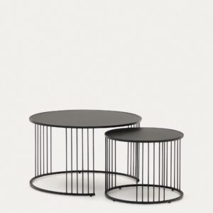Set Hadar de 2 mesas auxiliares nido vidrio templado y metal pintado negro Ø75cm / Ø 45cm