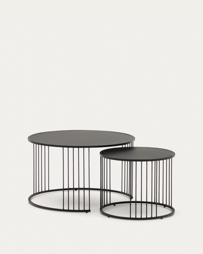 Set Hadar de 2 mesas auxiliares nido vidrio templado y metal pintado negro Ø75cm / Ø 45cm