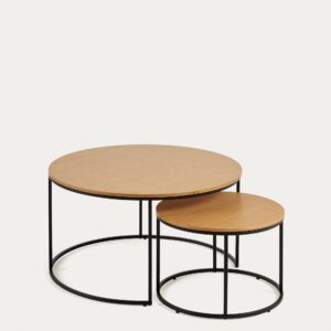 Set Yoana 2 mesas auxiliares nido de chapa de roble y metal pintado negro Ø 80 cm/Ø 50 cm