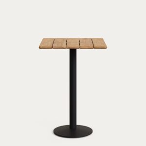 Mesa alta de bar Saura con sobre de acacia con acabado natural y pie de metal negro 70x70x