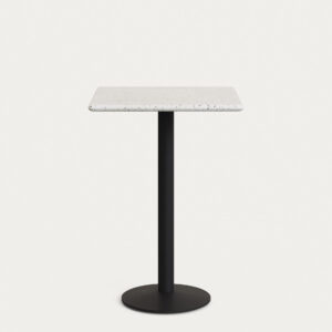 Mesa alta de bar Saura con sobre de terrazo blanco y pie de metal negro 70x70x99cm