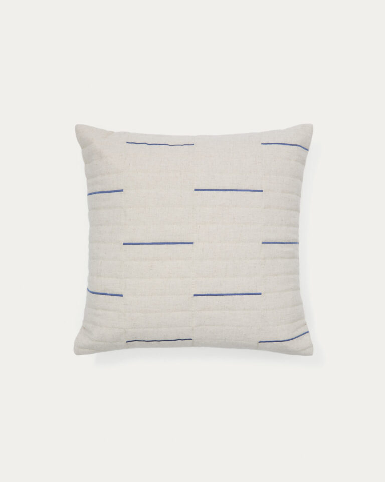 Funda de cojín Blaina de algodón y lino blanco con detalle bordado azul 45 x 45 cm