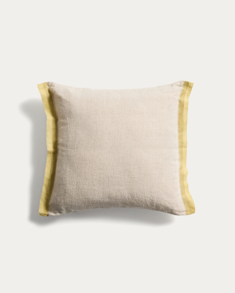 Funda de cojín Disea de lino beige con detalle amarillo 45 x 45 cm