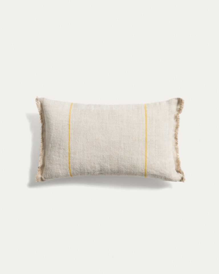 Funda de cojín Lidore de lino beige con rayas a contraste amarillo 30 x 50 cm