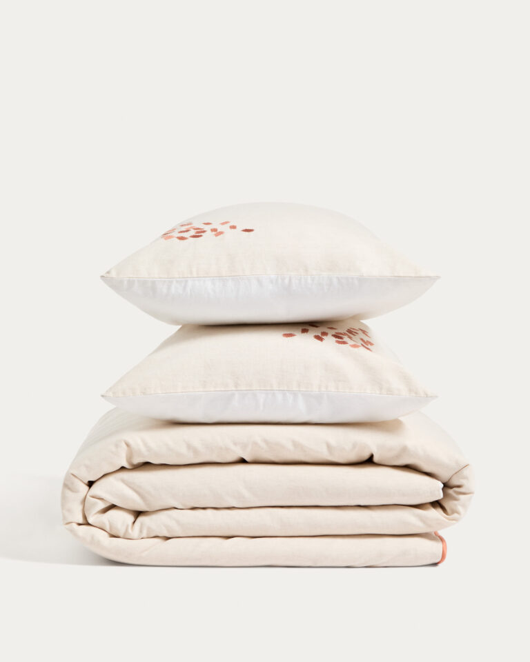 Set Virelda fundas nórdica y de almohada de algodón y lino beige con detalle bordado cama