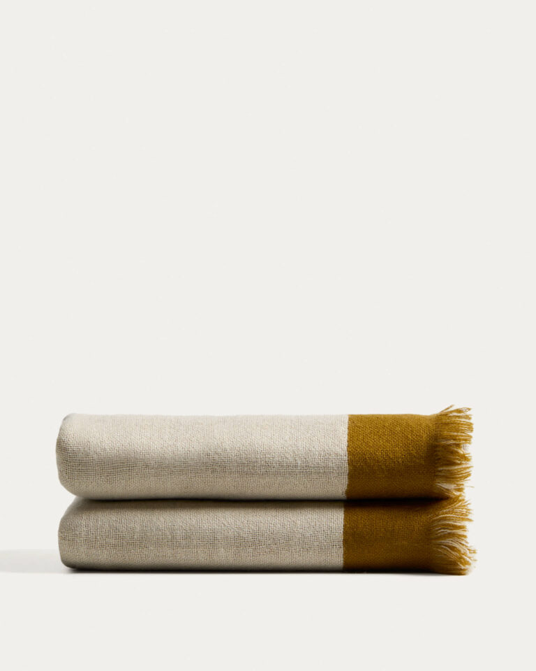 Manta Orlet de lana reversible mostaza y beige 130 x 170 cm