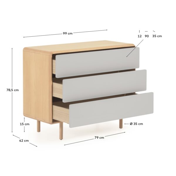 Cómoda Anielle de 3 cajones de madera maciza y chapa de fresno 99 x 78,5 cm