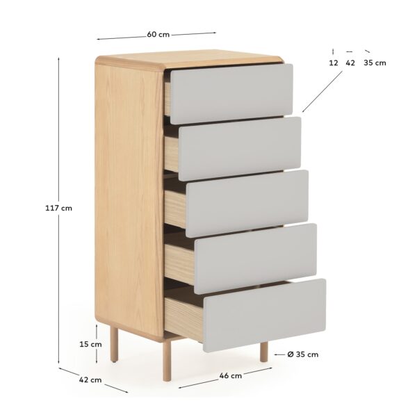 Cómoda Anielle de 5 cajones de madera maciza y chapa de fresno 60 x 117 cm