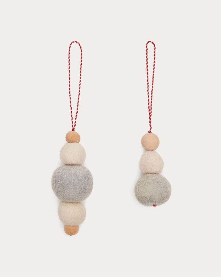 Set Dempsey de 2 adornos colgantes bolas redondas de madera y fieltro gris y beige