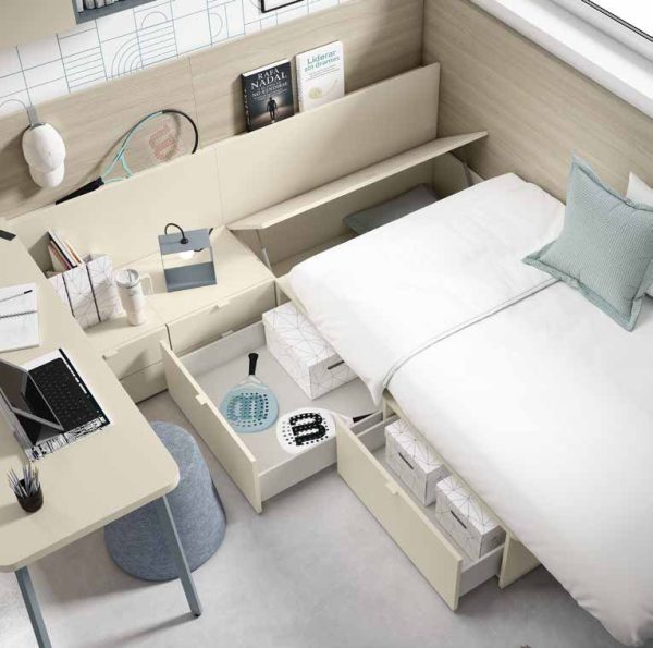 NEO 28 · Cama con cabecero de mesitas integradas