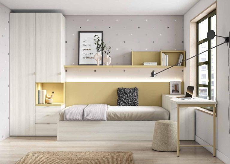 NEO 31 · Cama con cabecero iluminado y escritorio