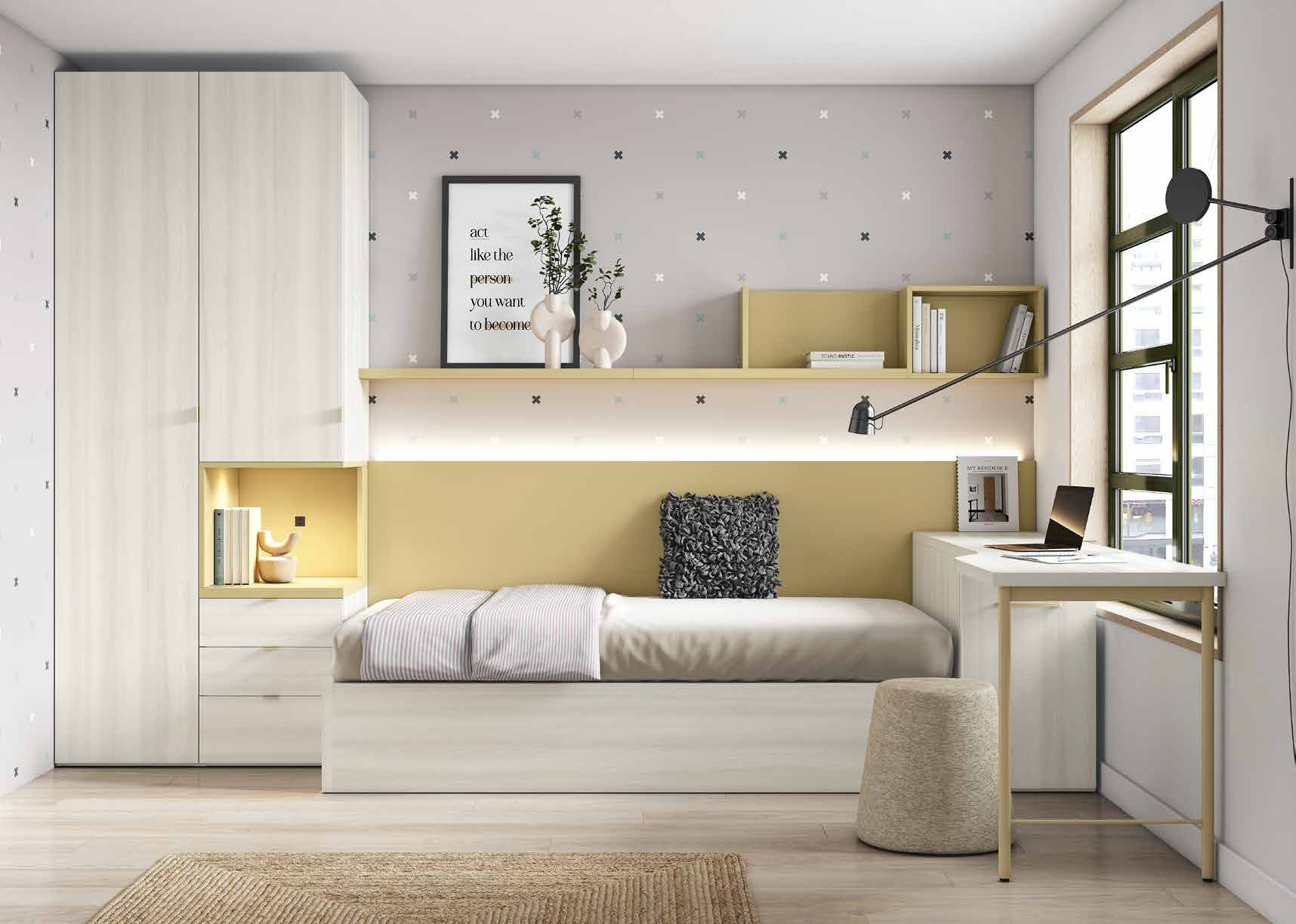 NEO 31 · Cama con cabecero iluminado y escritorio