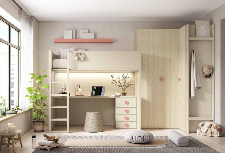NEO 39 · Cama alta con escritorio debajo y armario rincón