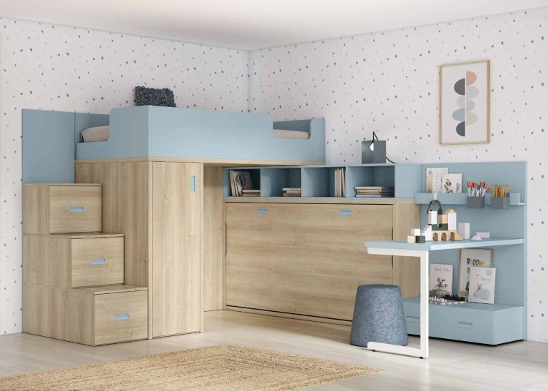 NEO 46 · Cama alta con abatible y escalera cajonera