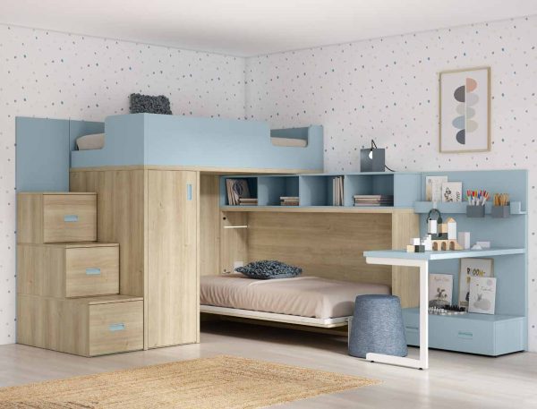NEO 46 · Cama alta con abatible y escalera cajonera
